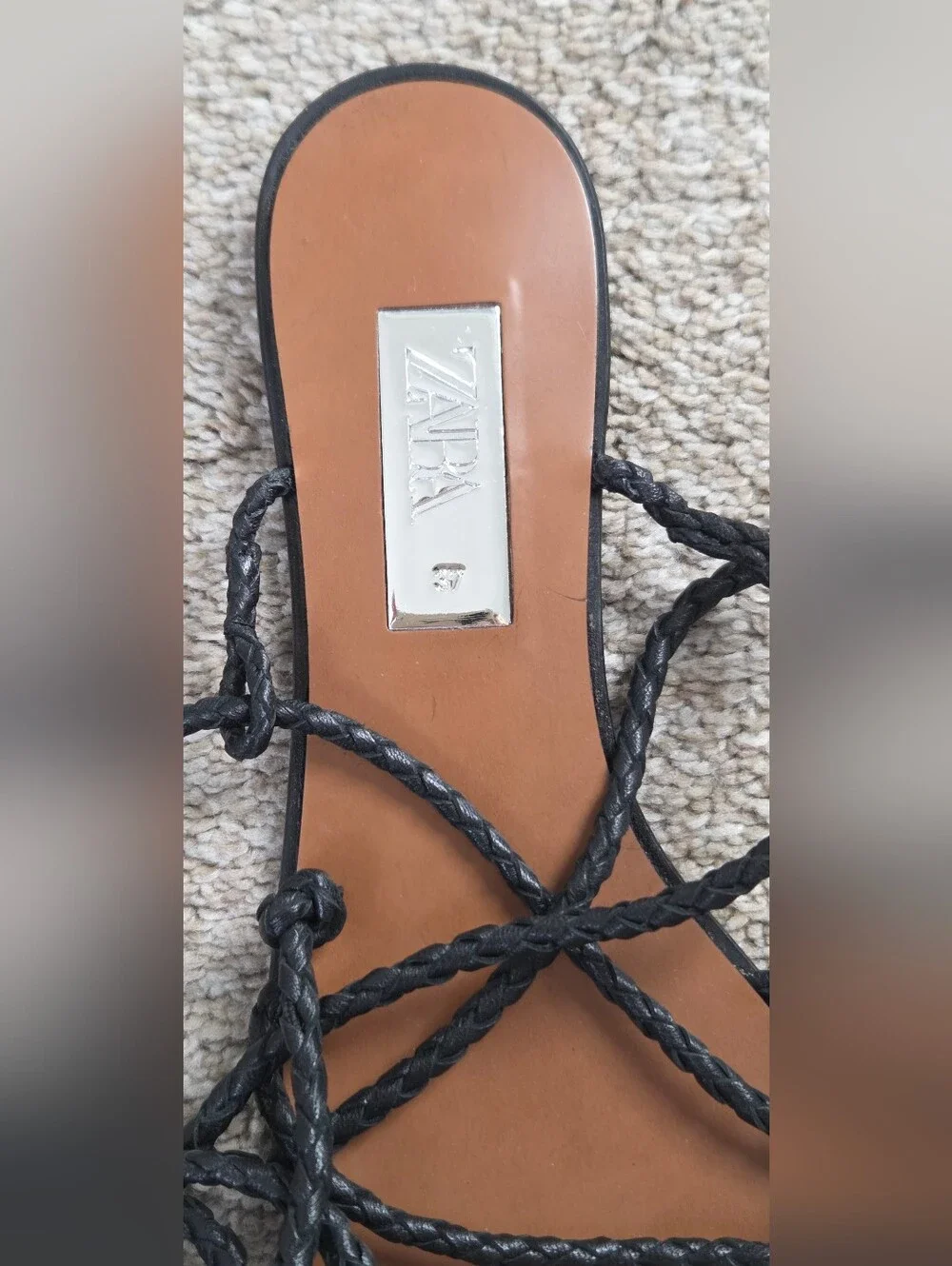 Zara Black Braided Leather Lace-Up Flat Sandals - Picture 7 of 8